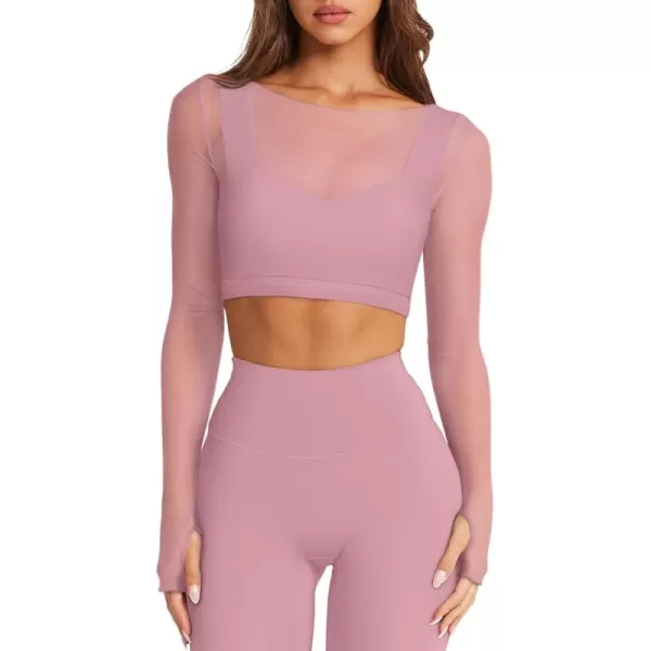 imageLASLULU Mesh Long Sleeve Crop Tops for Women Double Lined Workout Tops Athletic Gym Shirts Cropped Tops with Built in BraLight Pink