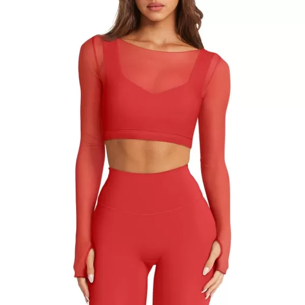 imageLASLULU Mesh Long Sleeve Crop Tops for Women Double Lined Workout Tops Athletic Gym Shirts Cropped Tops with Built in BraRed