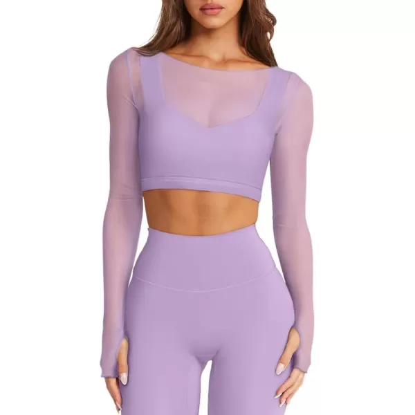 imageLASLULU Mesh Long Sleeve Crop Tops for Women Double Lined Workout Tops Athletic Gym Shirts Cropped Tops with Built in BraViolet