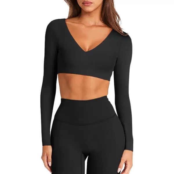 imageLASLULU Sexy V Neck Long Sleeve Crop Tops for Women Workout Tops Athletic Gym Shirts Running Cropped Tops with Built in BraBlack