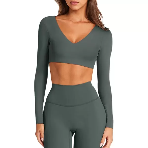 imageLASLULU Sexy V Neck Long Sleeve Crop Tops for Women Workout Tops Athletic Gym Shirts Running Cropped Tops with Built in BraForest Green