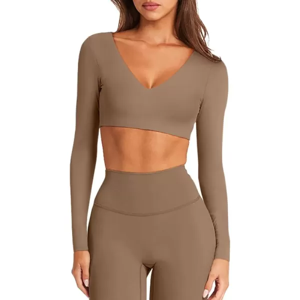 imageLASLULU Sexy V Neck Long Sleeve Crop Tops for Women Workout Tops Athletic Gym Shirts Running Cropped Tops with Built in BraLight Coffee