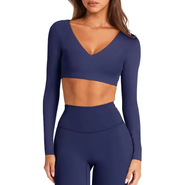 imageLASLULU Sexy V Neck Long Sleeve Crop Tops for Women Workout Tops Athletic Gym Shirts Running Cropped Tops with Built in BraNavy Blue