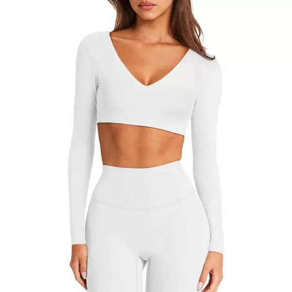 imageLASLULU Sexy V Neck Long Sleeve Crop Tops for Women Workout Tops Athletic Gym Shirts Running Cropped Tops with Built in BraWhite