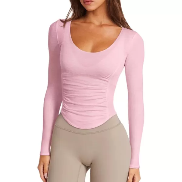 imageLASLULU Womens Active Long Sleeve Crop Workout Tops Scoop Neck Athletic Yoga Gym Running Shirts Pilates Tops CutoutPink