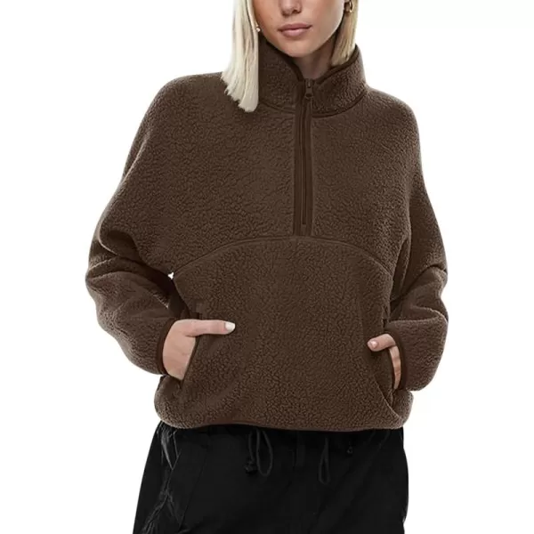 imageLASLULU Womens Half Zip Pullover Cropped Sweatshirts Sherpa Fleece Jacket Fuzzy Sweaters Cute Winter Jackets with PocketsEspresso