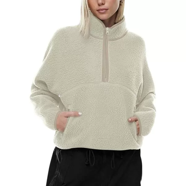 imageLASLULU Womens Half Zip Pullover Cropped Sweatshirts Sherpa Fleece Jacket Fuzzy Sweaters Cute Winter Jackets with PocketsIvory