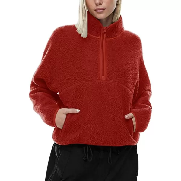 imageLASLULU Womens Half Zip Pullover Cropped Sweatshirts Sherpa Fleece Jacket Fuzzy Sweaters Cute Winter Jackets with PocketsOrange