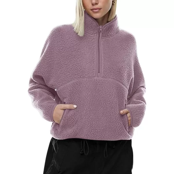 imageLASLULU Womens Half Zip Pullover Cropped Sweatshirts Sherpa Fleece Jacket Fuzzy Sweaters Cute Winter Jackets with PocketsViolet