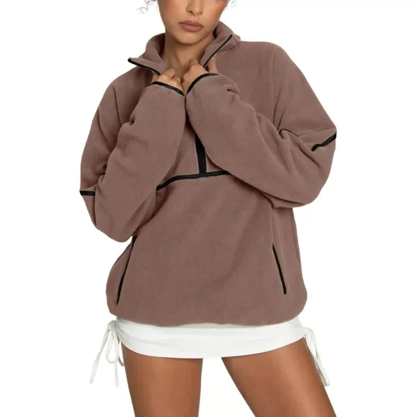 imageLASLULU Womens Half Zip Pullover Sweatshirt Sherpa Fleece Jacket Oversized Sweatshirt Warm Fuzzy Sweaters PocketsBrown