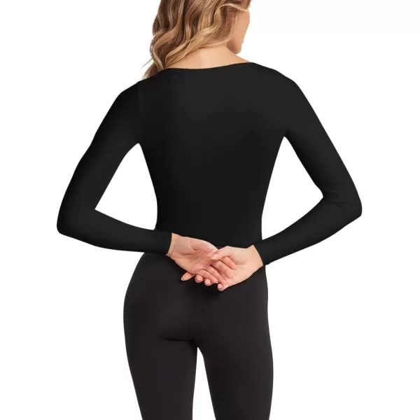 imageLASLULU Womens Long Sleeve V Neck Workout Tops Padded Slim Fitted Shirts Casual Tops Fall Basic Shirts with Built in BraBlack