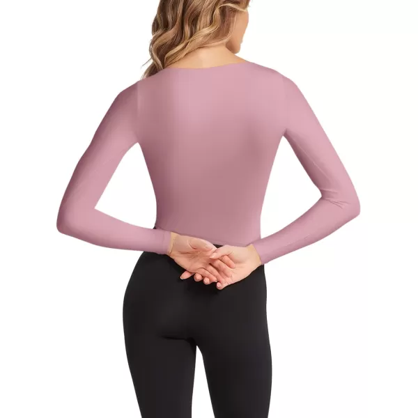 imageLASLULU Womens Long Sleeve V Neck Workout Tops Padded Slim Fitted Shirts Casual Tops Fall Basic Shirts with Built in BraLight Pink