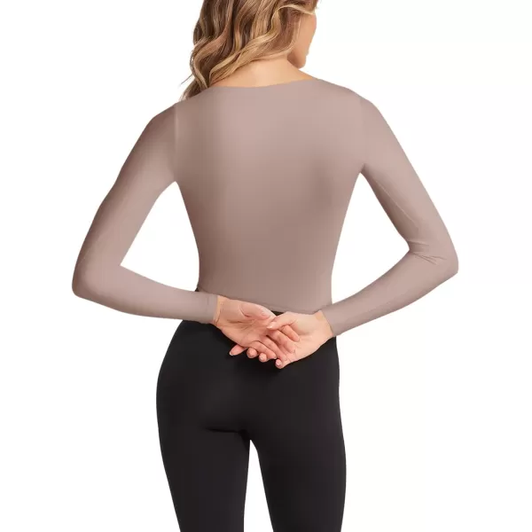 imageLASLULU Womens Long Sleeve V Neck Workout Tops Padded Slim Fitted Shirts Casual Tops Fall Basic Shirts with Built in BraSienna