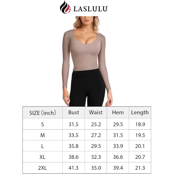 imageLASLULU Womens Long Sleeve V Neck Workout Tops Padded Slim Fitted Shirts Casual Tops Fall Basic Shirts with Built in BraSienna