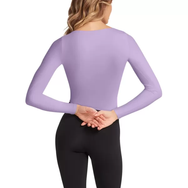 imageLASLULU Womens Long Sleeve V Neck Workout Tops Padded Slim Fitted Shirts Casual Tops Fall Basic Shirts with Built in BraViolet