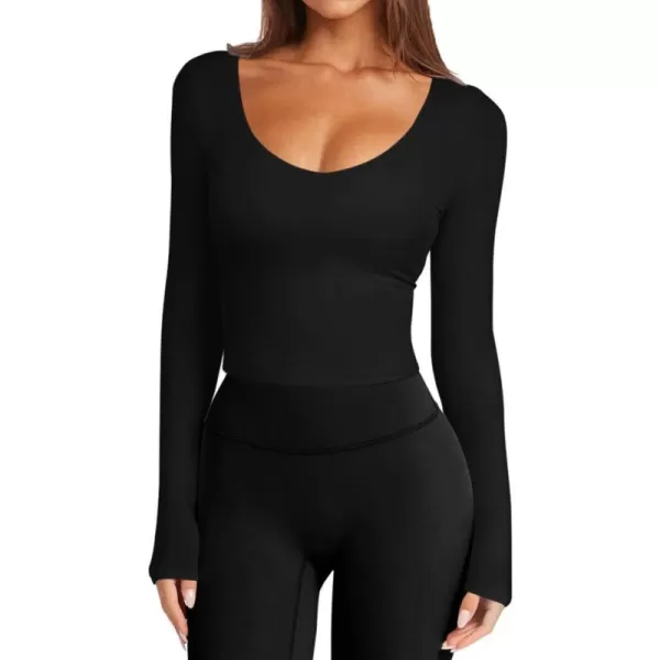 imageLASLULU Womens Long Sleeve V Neck Workout Tops Padded Slim Fitted Shirts Casual Tops Fall Basic Shirts with Built in BraBlack