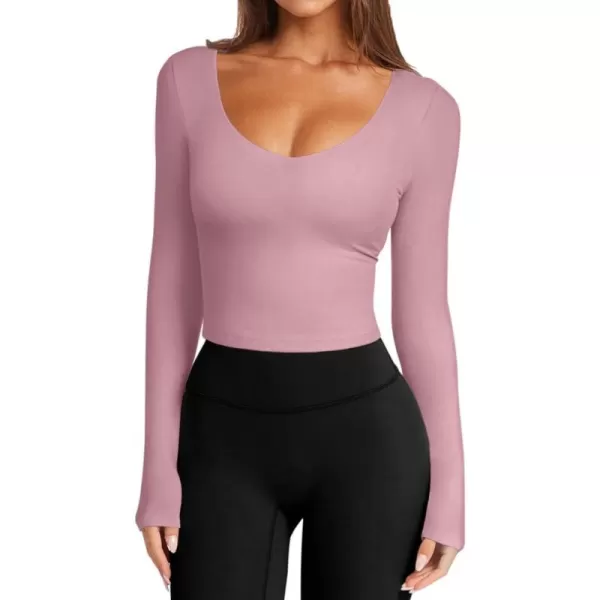 imageLASLULU Womens Long Sleeve V Neck Workout Tops Padded Slim Fitted Shirts Casual Tops Fall Basic Shirts with Built in BraLight Pink