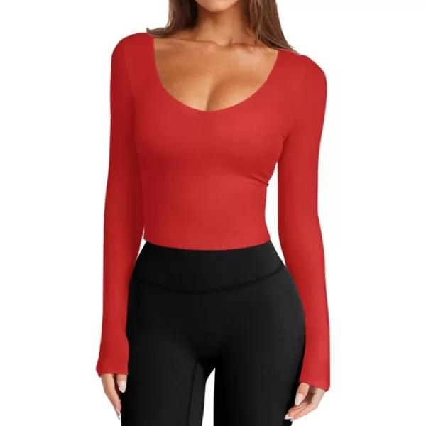 imageLASLULU Womens Long Sleeve V Neck Workout Tops Padded Slim Fitted Shirts Casual Tops Fall Basic Shirts with Built in BraRed