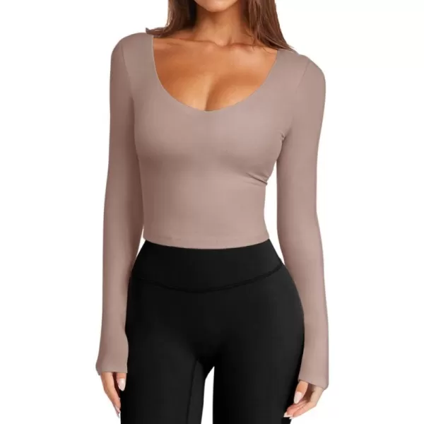 imageLASLULU Womens Long Sleeve V Neck Workout Tops Padded Slim Fitted Shirts Casual Tops Fall Basic Shirts with Built in BraSienna