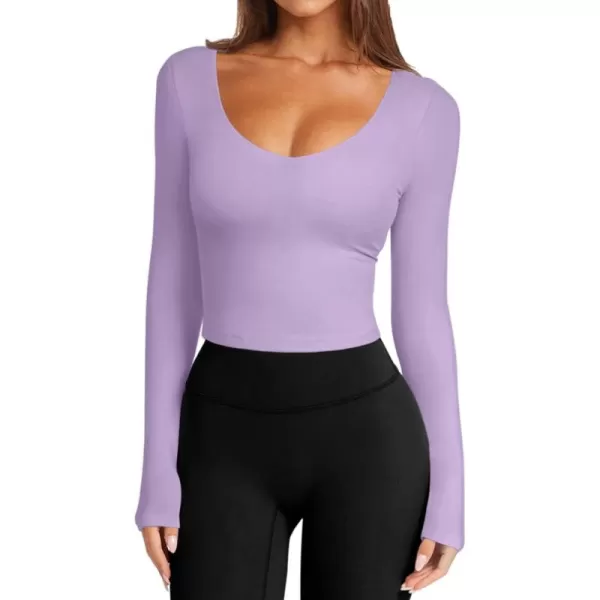 imageLASLULU Womens Long Sleeve V Neck Workout Tops Padded Slim Fitted Shirts Casual Tops Fall Basic Shirts with Built in BraViolet