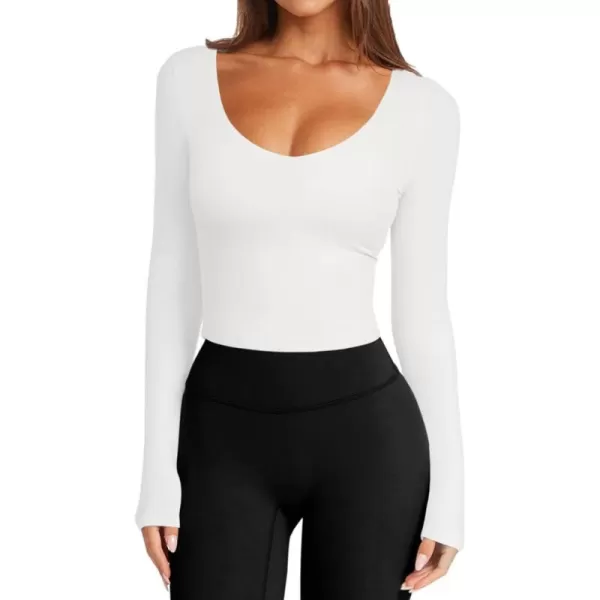 imageLASLULU Womens Long Sleeve V Neck Workout Tops Padded Slim Fitted Shirts Casual Tops Fall Basic Shirts with Built in BraWhite