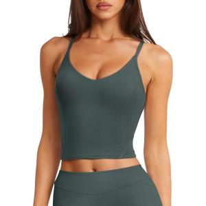 imageLASLULU Womens Adjustable Spaghetti Strap Sports Bra V Neck Wireless Padded Yoga Bra Camisole Workout Crop TopsForest Green