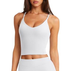 imageLASLULU Womens Adjustable Spaghetti Strap Sports Bra V Neck Wireless Padded Yoga Bra Camisole Workout Crop TopsWhite