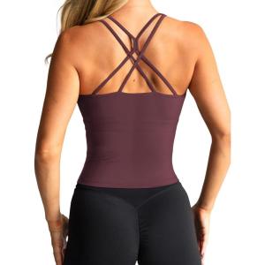 imageLASLULU Womens High Neck Longline Sports Bra Padded Strappy Workout Yoga Running Bras Crop Tank TopBurgundy