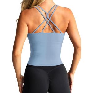 imageLASLULU Womens High Neck Longline Sports Bra Padded Strappy Workout Yoga Running Bras Crop Tank TopHaze Blue