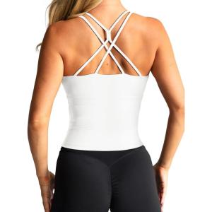 imageLASLULU Womens High Neck Longline Sports Bra Padded Strappy Workout Yoga Running Bras Crop Tank TopWhite