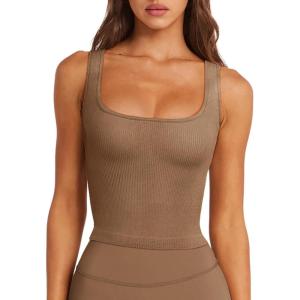 imageLASLULU Womens Sports Bra Ribbed Seamless Wirefree Padded Long Tank Tops Medium Support Workout Tops Casual Basic TopsBrown