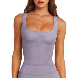 imageLASLULU Womens Sports Bra Ribbed Seamless Wirefree Padded Long Tank Tops Medium Support Workout Tops Casual Basic TopsHazy Lilac