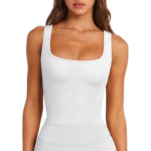 imageLASLULU Womens Sports Bra Ribbed Seamless Wirefree Padded Long Tank Tops Medium Support Workout Tops Casual Basic TopsWhite