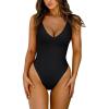 imageLASLULU Womens One Piece Swimsuit Padded Sexy V Neck Swim Suits Modest Tummy Control Bathing SuitsBlack