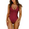 imageLASLULU Womens One Piece Swimsuit Padded Sexy V Neck Swim Suits Modest Tummy Control Bathing SuitsRed