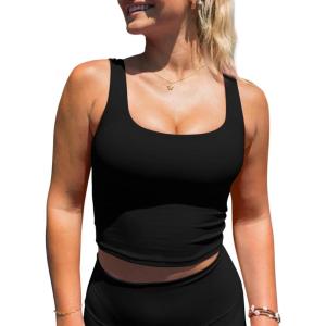 imageLASLULU Womens Longline Sports Bras Workout Yoga Gym Athletic Bra Tops Clothes Shirts Compression Padded Crop Tank TopsBlack