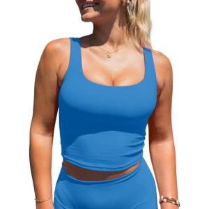 imageLASLULU Womens Longline Sports Bras Workout Yoga Gym Athletic Bra Tops Clothes Shirts Compression Padded Crop Tank TopsBlue