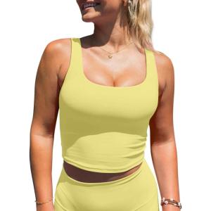 imageLASLULU Womens Longline Sports Bras Workout Yoga Gym Athletic Bra Tops Clothes Shirts Compression Padded Crop Tank TopsLemon Yellow