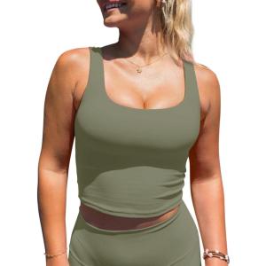 imageLASLULU Womens Longline Sports Bras Workout Yoga Gym Athletic Bra Tops Clothes Shirts Compression Padded Crop Tank TopsOlive Green