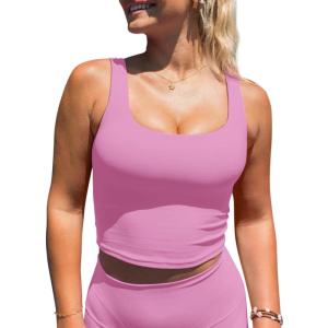 imageLASLULU Womens Longline Sports Bras Workout Yoga Gym Athletic Bra Tops Clothes Shirts Compression Padded Crop Tank TopsPink