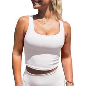 imageLASLULU Womens Longline Sports Bras Workout Yoga Gym Athletic Bra Tops Clothes Shirts Compression Padded Crop Tank TopsWhite