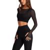 imageLASLULU Mesh Long Sleeve Crop Tops for Women Double Lined Workout Athletic Gym Shirts Cropped Tops with Built in BraBlack