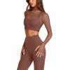 imageLASLULU Mesh Long Sleeve Crop Tops for Women Double Lined Workout Athletic Gym Shirts Cropped Tops with Built in BraDark Coffee