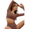 imageLASLULU Mesh Long Sleeve Crop Tops for Women Double Lined Workout Athletic Gym Shirts Cropped Tops with Built in BraDark Coffee
