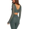 imageLASLULU Mesh Long Sleeve Crop Tops for Women Double Lined Workout Athletic Gym Shirts Cropped Tops with Built in BraForest Green