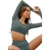 imageLASLULU Mesh Long Sleeve Crop Tops for Women Double Lined Workout Athletic Gym Shirts Cropped Tops with Built in BraForest Green