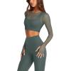 imageLASLULU Mesh Long Sleeve Crop Tops for Women Double Lined Workout Athletic Gym Shirts Cropped Tops with Built in BraForest Green