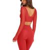 imageLASLULU Mesh Long Sleeve Crop Tops for Women Double Lined Workout Athletic Gym Shirts Cropped Tops with Built in BraRed
