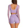 imageLASLULU Mesh Long Sleeve Crop Tops for Women Double Lined Workout Athletic Gym Shirts Cropped Tops with Built in BraViolet