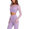 imageLASLULU Mesh Long Sleeve Crop Tops for Women Double Lined Workout Athletic Gym Shirts Cropped Tops with Built in BraViolet